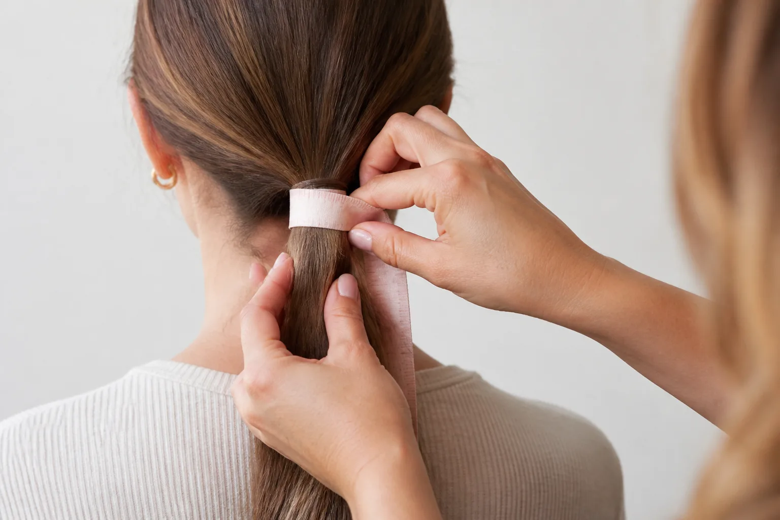 Adult woman seen from behind while hands measure the gathered ponytail profile with a soft tape.