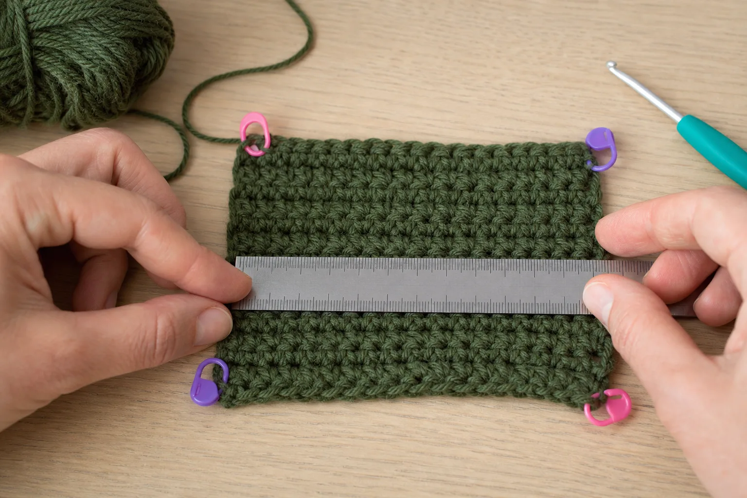 Adult hands measuring a forest-green HDC swatch with a rigid ruler on a pale wood table.
