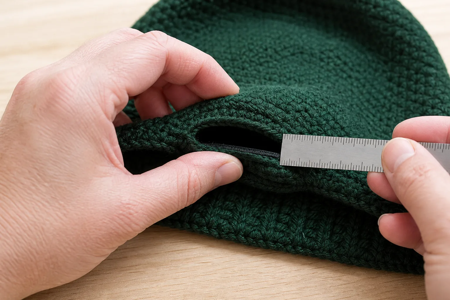 Adult hands measuring and gently stretching a reinforced green crochet ponytail opening with an accessible elastic cord.