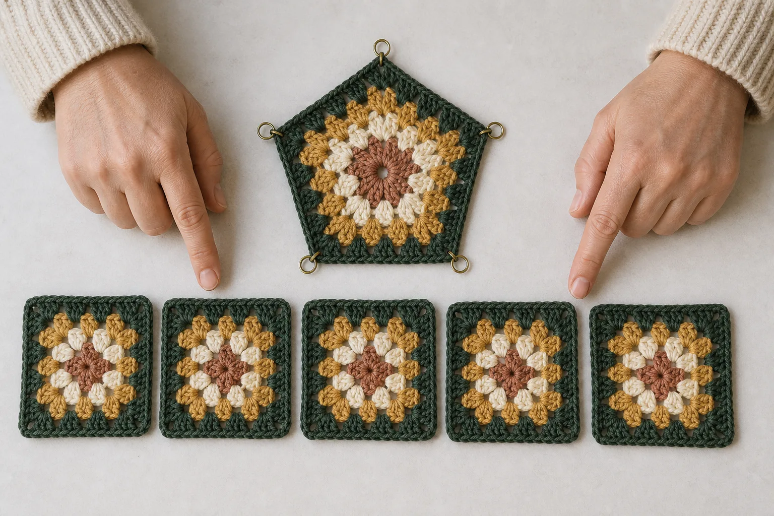 Adult hands point to five granny squares arranged in one row beneath a matching five-sided granny-cluster crown motif.