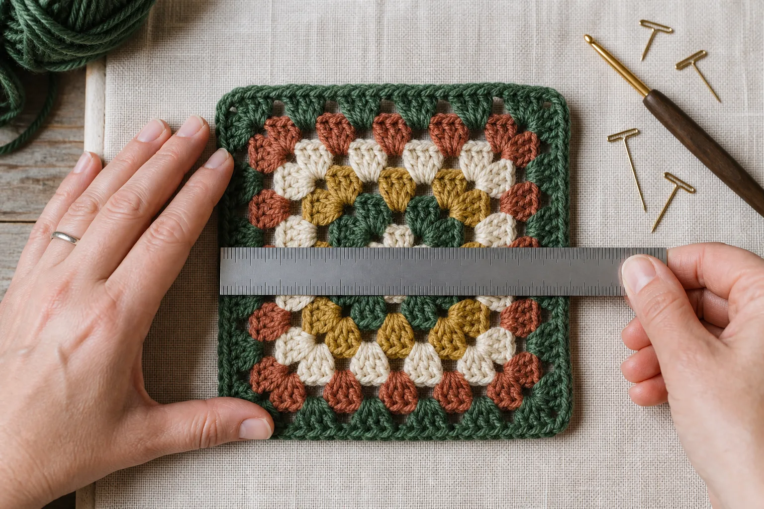 Adult hands use a rigid ruler to measure a green, cream, rust and mustard granny square on a blocking mat.