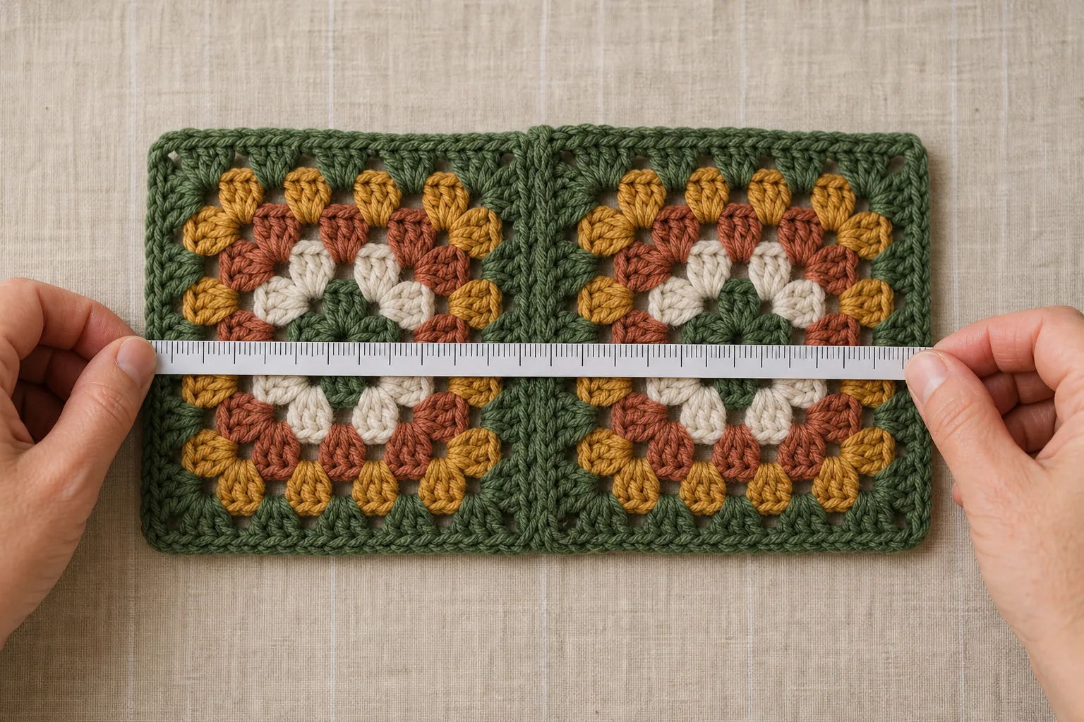 Adult hands measure the complete width of two matching granny squares connected by a flat green seam.