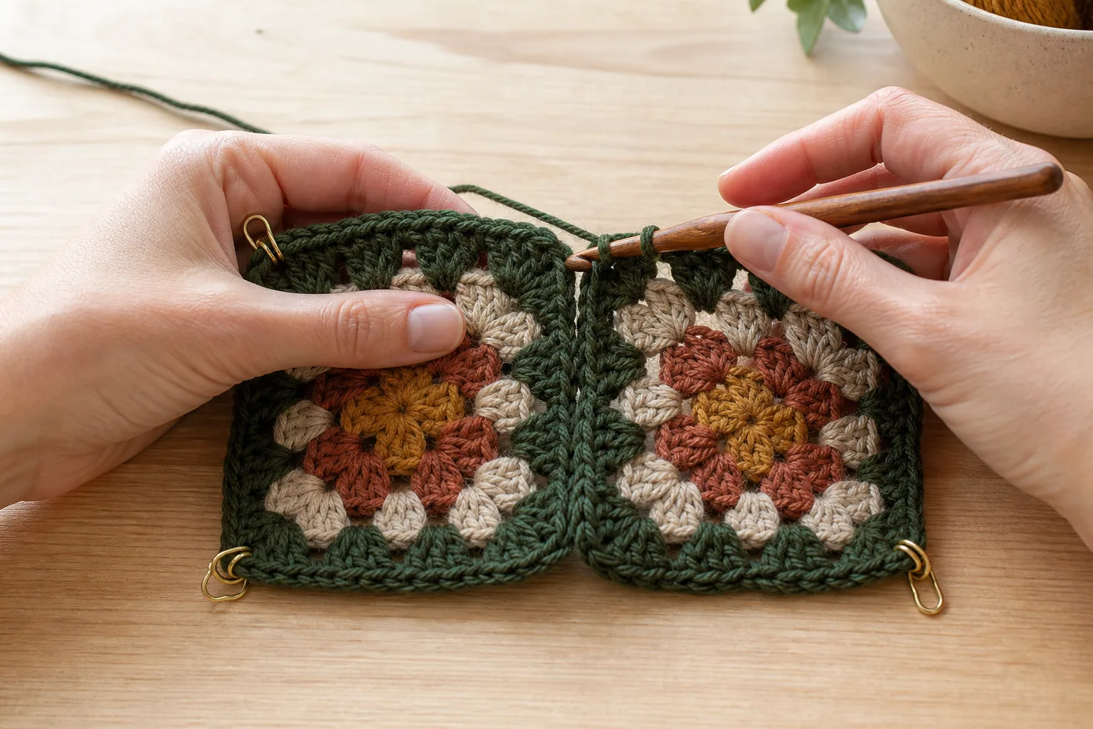 Close-up of adult hands using a wooden hook to flat-slip-stitch join two granny squares with brass corner markers.