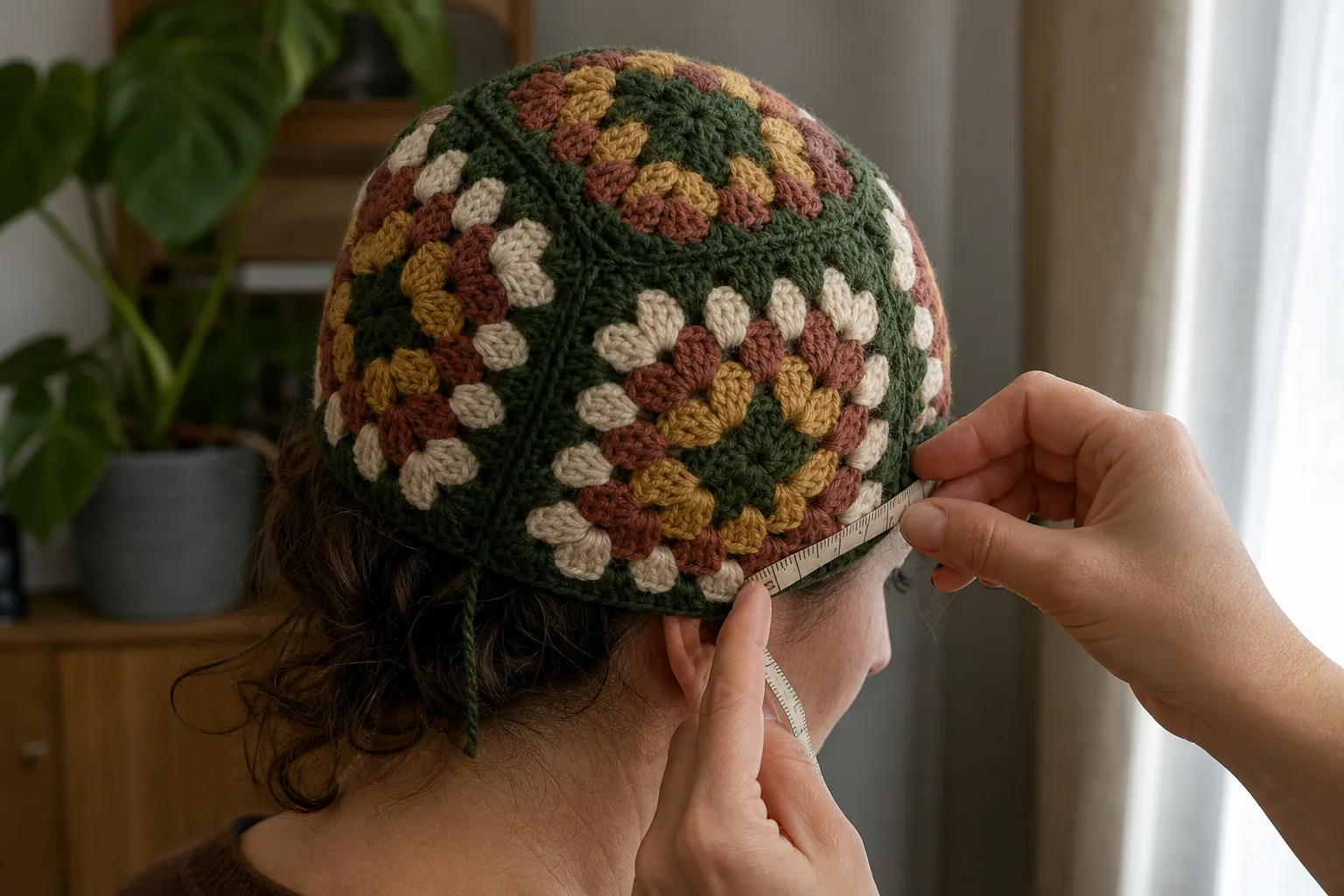 An adult woman seen from behind wearing an unfinished granny-square hat shell while hands check the lower wear line with a tape.