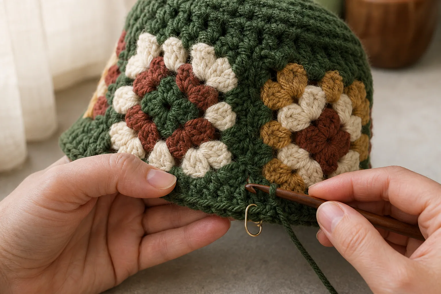 Adult hands use a wooden crochet hook to add a forest-green brim round below an assembled granny-square hat.