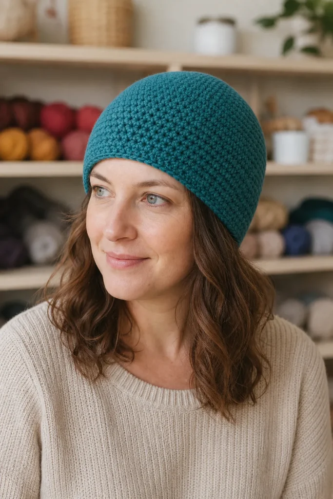 Woman in a craft studio wearing a fitted teal crochet beanie with a smooth crown and even lower edge.