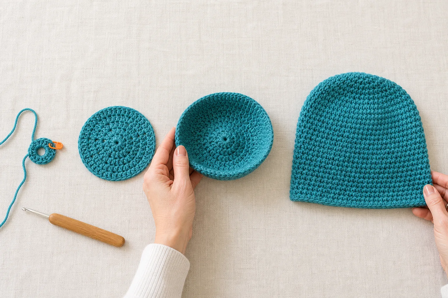 Illustrated sequence showing four construction stages of a teal top-down crochet beanie: starting ring, flat crown, curved transition and completed body with lower edge.