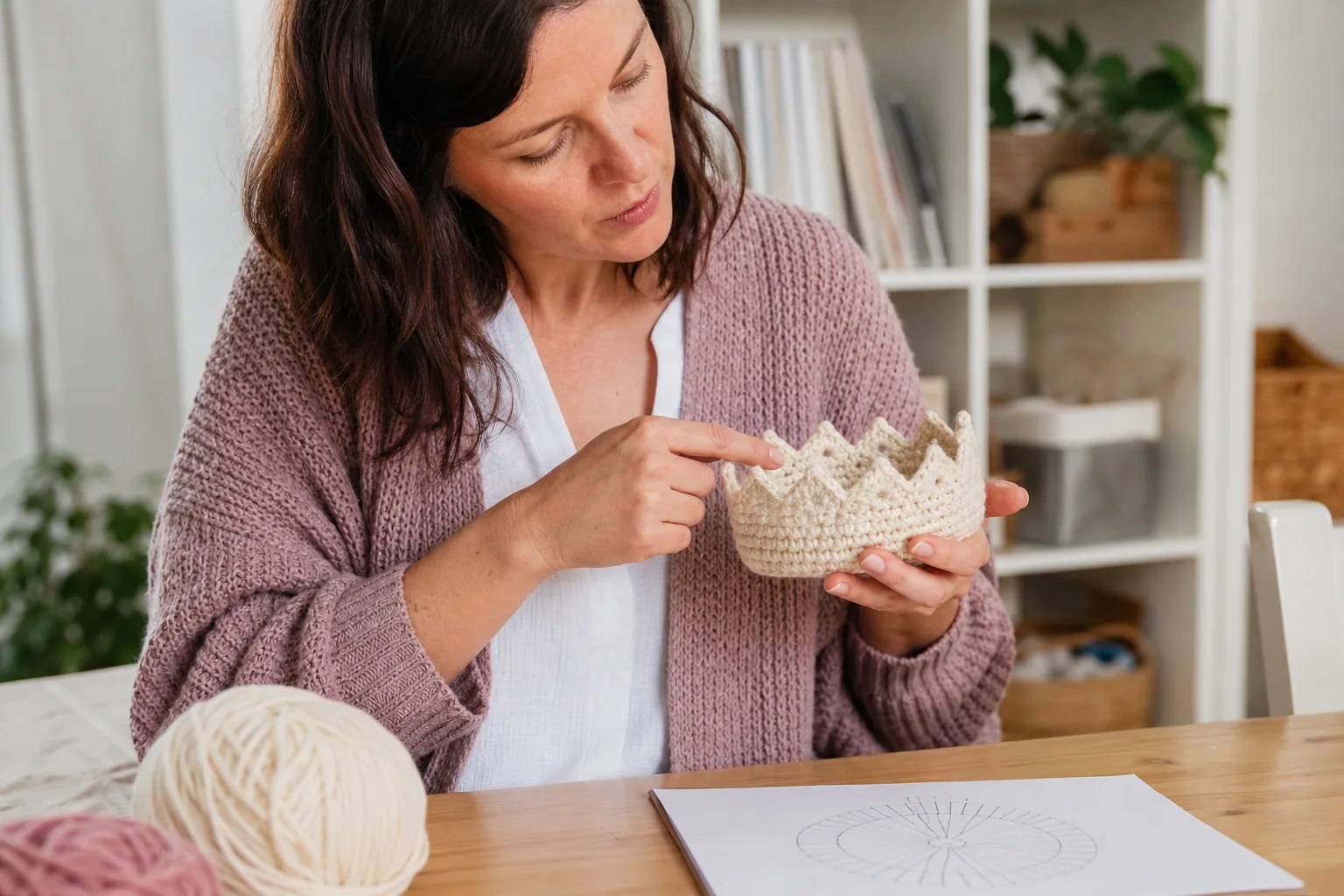 Adult crocheter at a craft table tracing a round on a cream crochet crown while a simple circular drawing sits nearby.