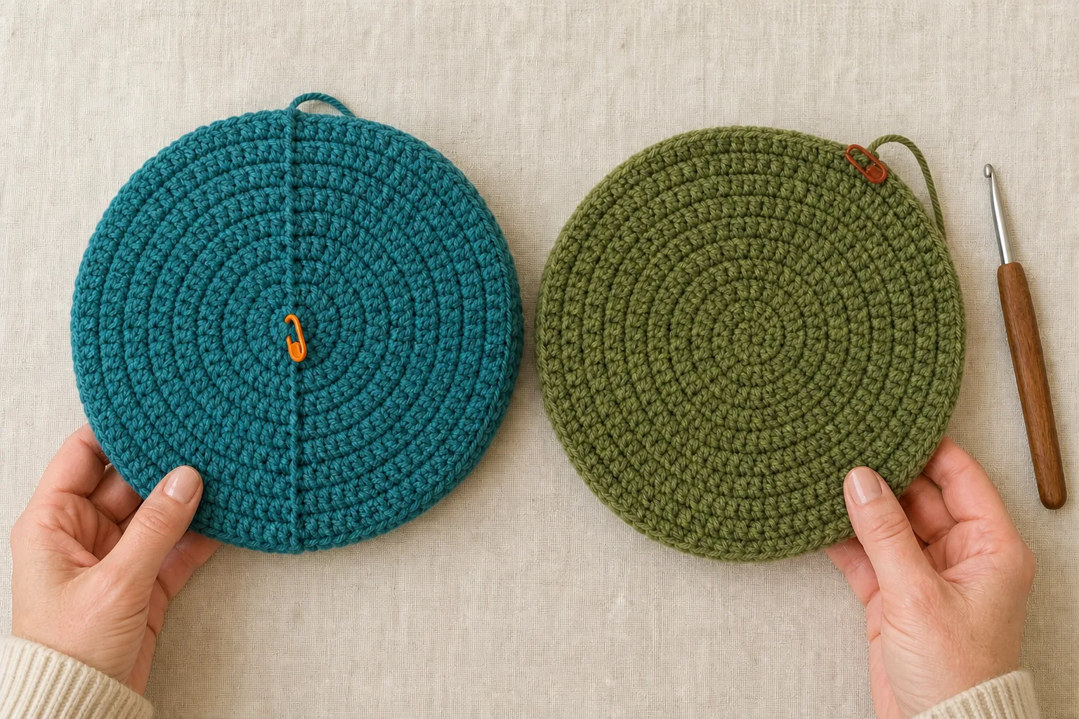 Overhead view comparing a teal joined-round crochet crown with a visible seam and an olive continuous-round crown with its marker at the working edge.