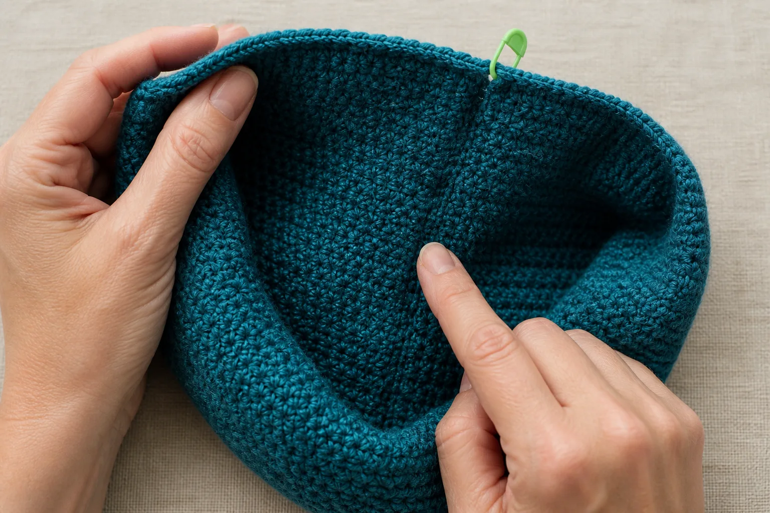 Adult hands hold the inside of a teal crochet beanie and point to the joined-round seam beside a locking marker.