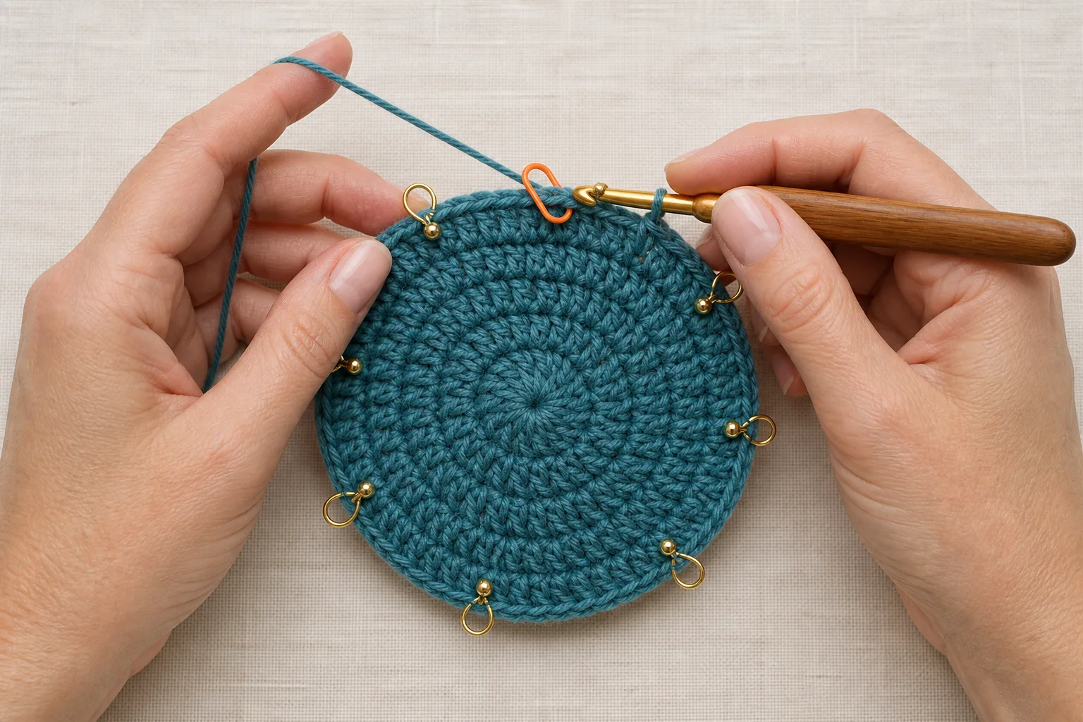 Overhead close-up of adult hands crocheting a teal Round 4 crown with eight gold increase markers and one orange first-stitch marker.