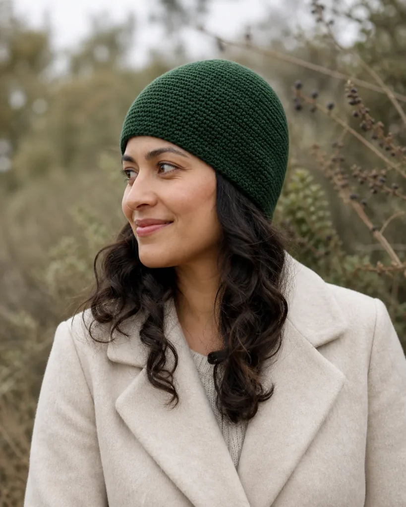 A woman wearing a close-fitting forest-green single crochet beanie outdoors