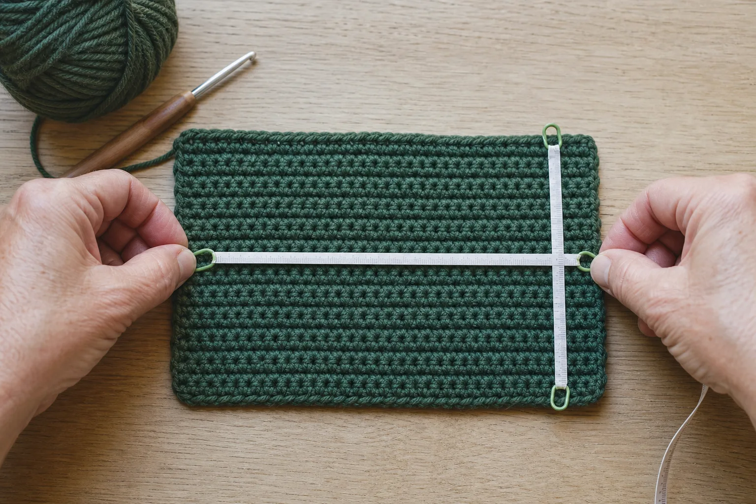 Hands measuring stitch and row gauge on a washed forest-green single crochet swatch