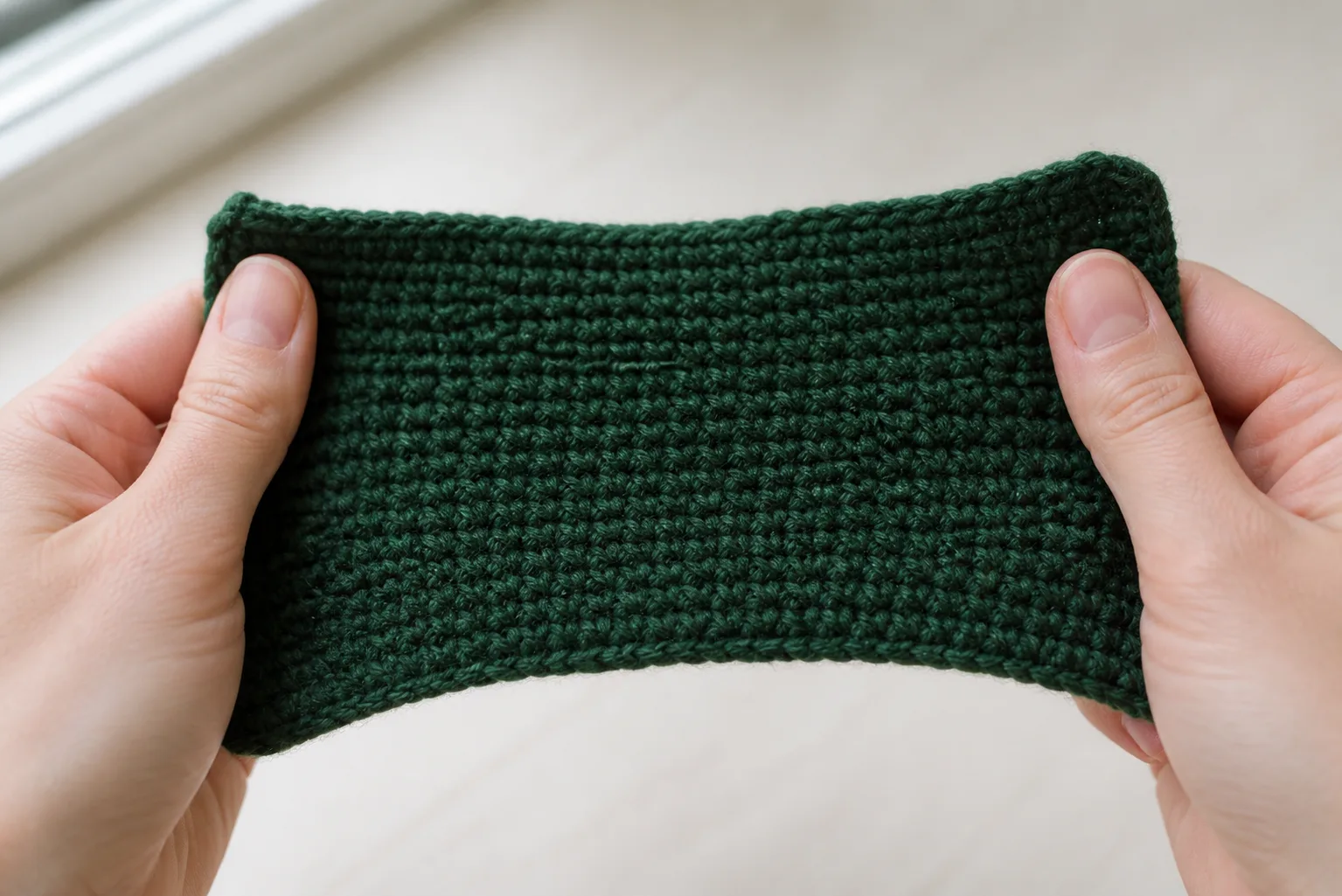 Hands bending a dense forest-green single crochet swatch to test flexibility