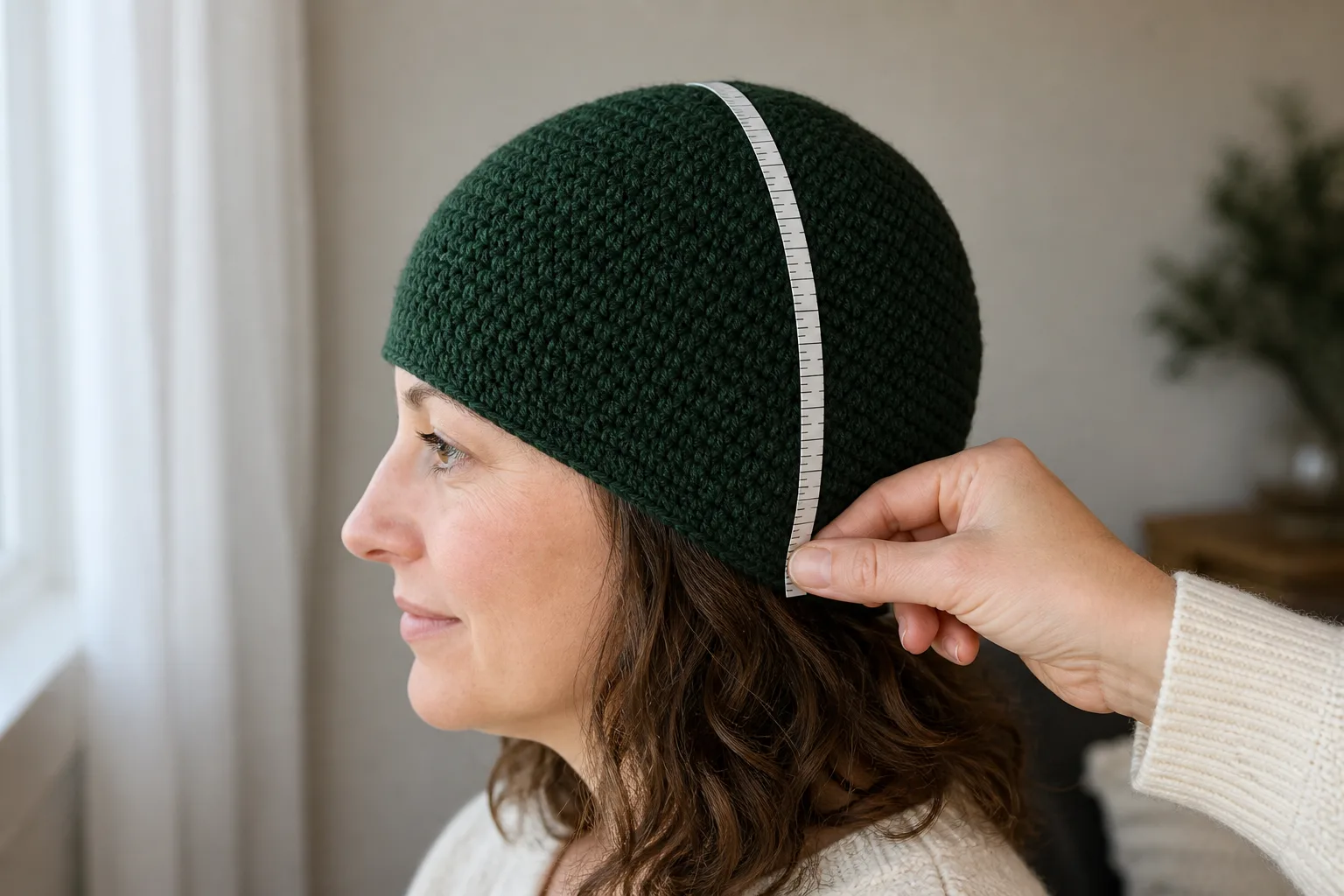 Measuring crown-to-edge depth on a woman wearing a forest-green single crochet beanie