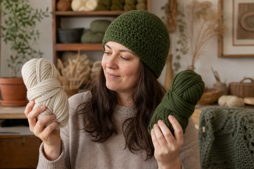 An adult wearing a fitted crochet beanie while holding two unbranded yarn skeins