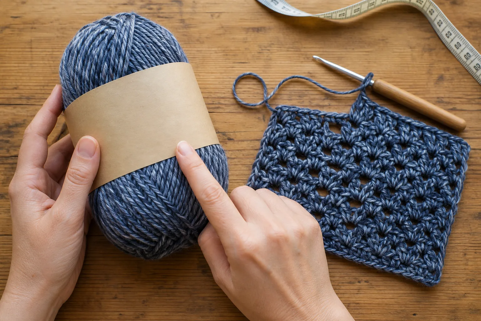 Hands point to the paper label on an unbranded blue yarn skein beside a blue crochet swatch