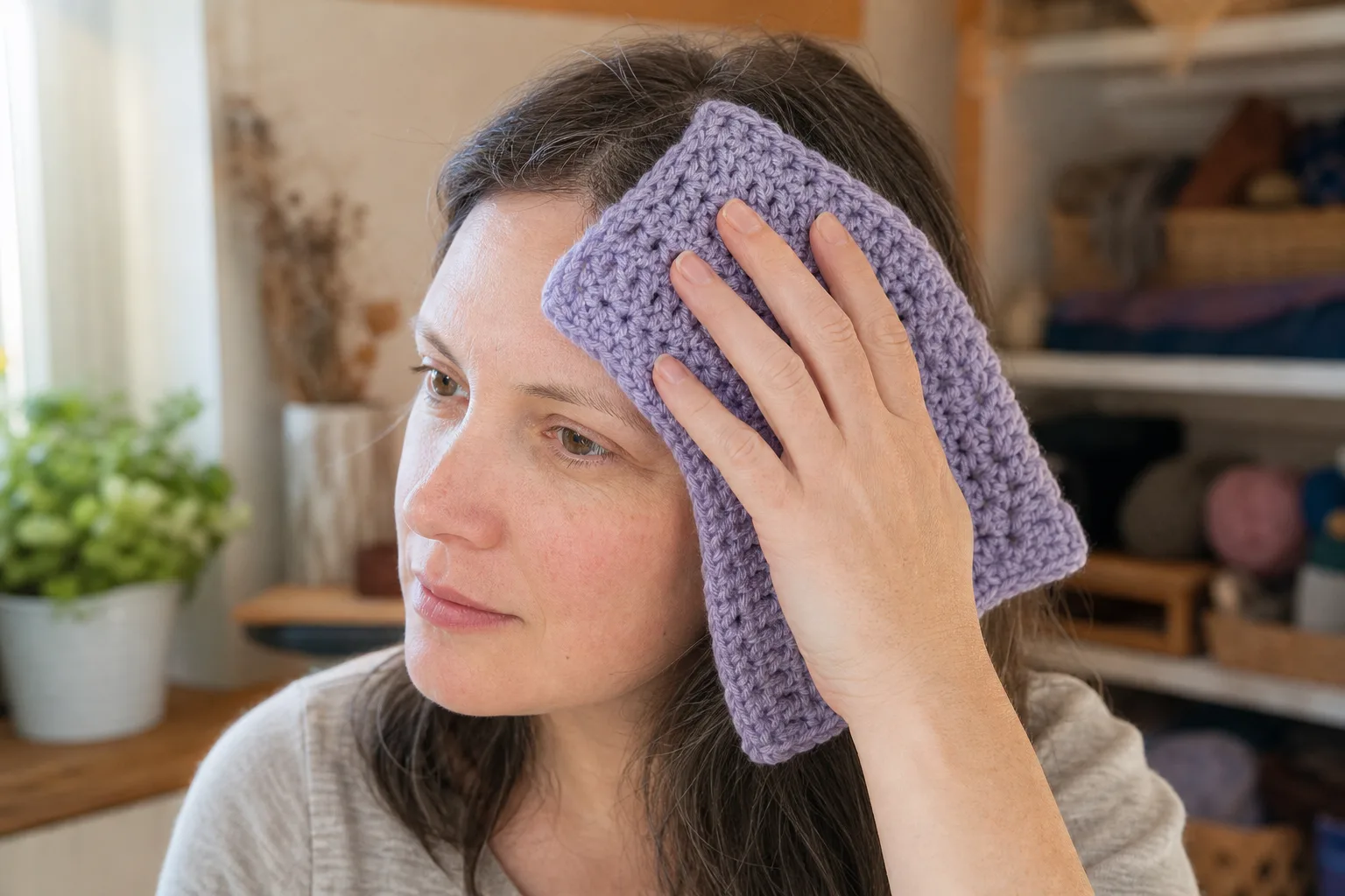 A woman checks a washed purple crochet swatch against her forehead and ear