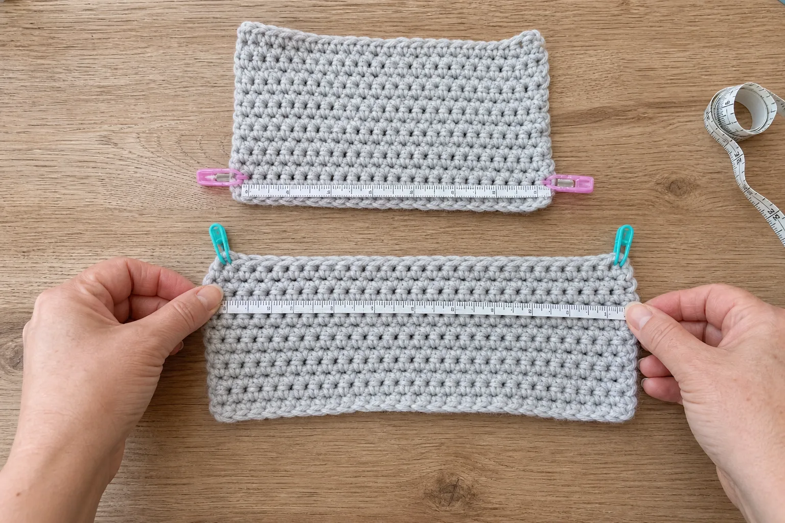 Hands compare the widths of two washed gray crochet swatches with measuring tape