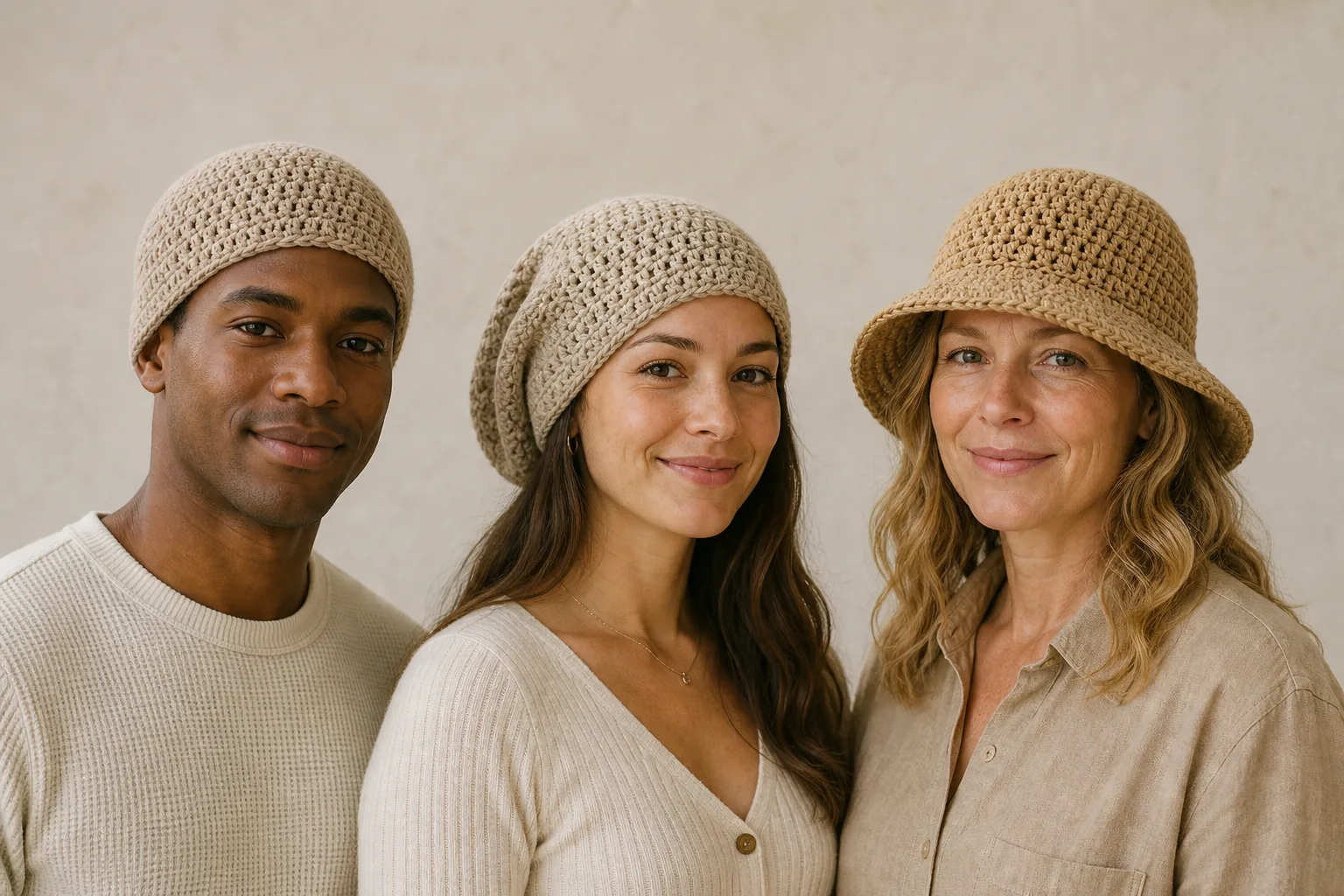 Three adults wear fitted, slouchy, and structured-brim crochet hats