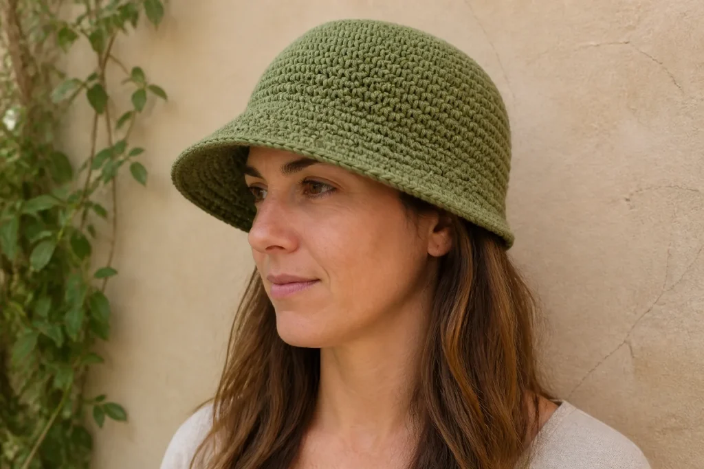 A wearer in three-quarter profile shows a smooth olive crochet hat with a medium projected brim, clear eyebrow clearance, and a gently downward outer edge.