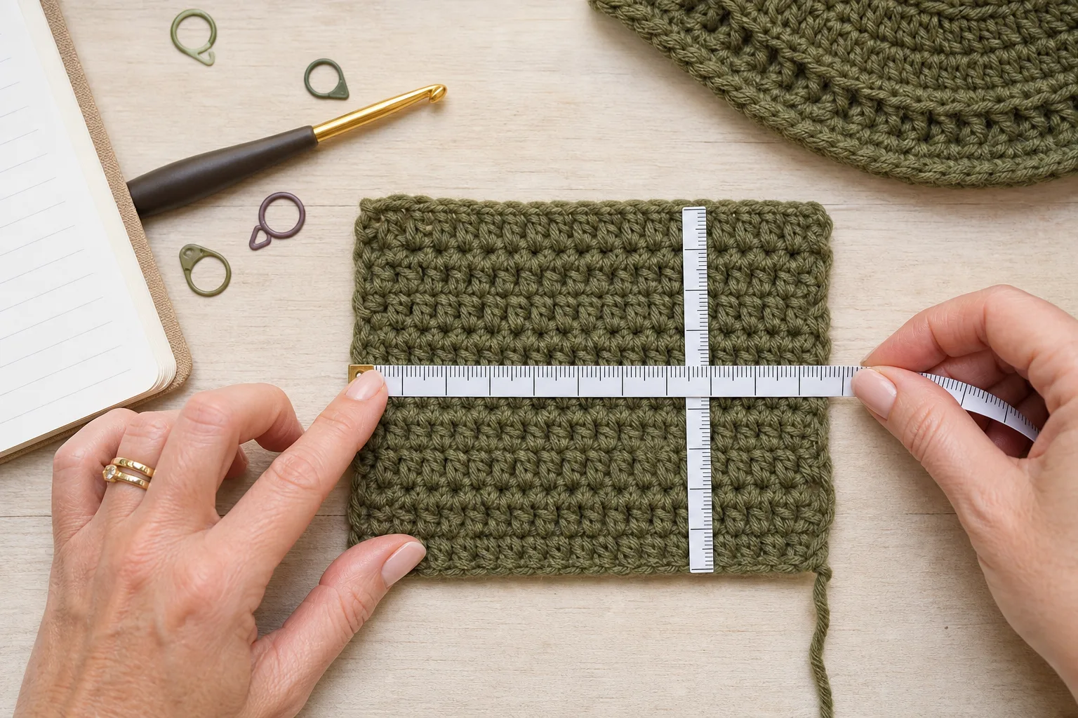 Hands measure stitch gauge across the center of an olive crochet swatch while a second measure shows row height
