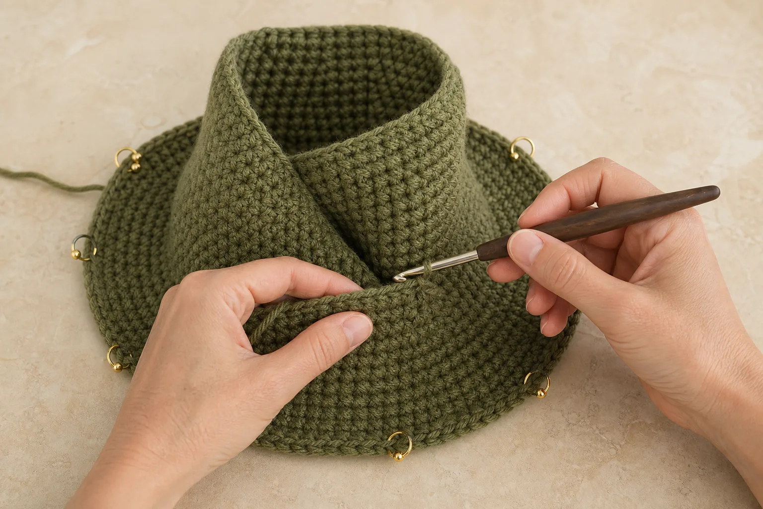 Hands add an olive projected brim while removable markers show evenly distributed increase areas