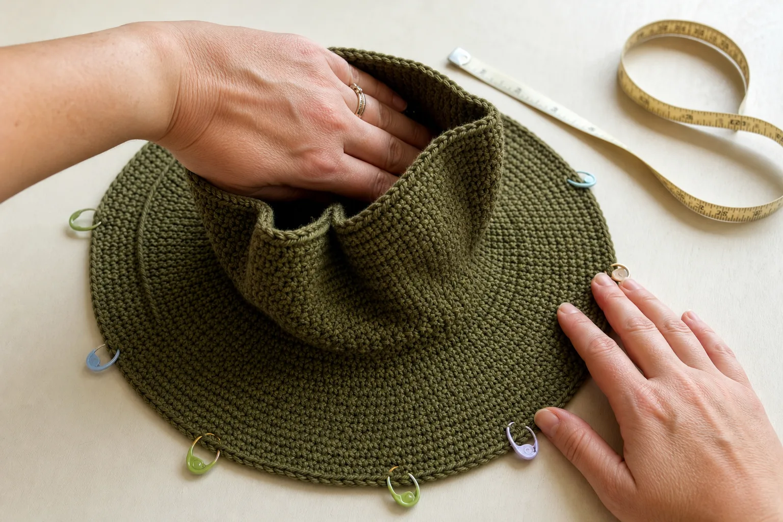 Hands perform a lay-flat check on an olive crochet brim with the outer edge left unstretched