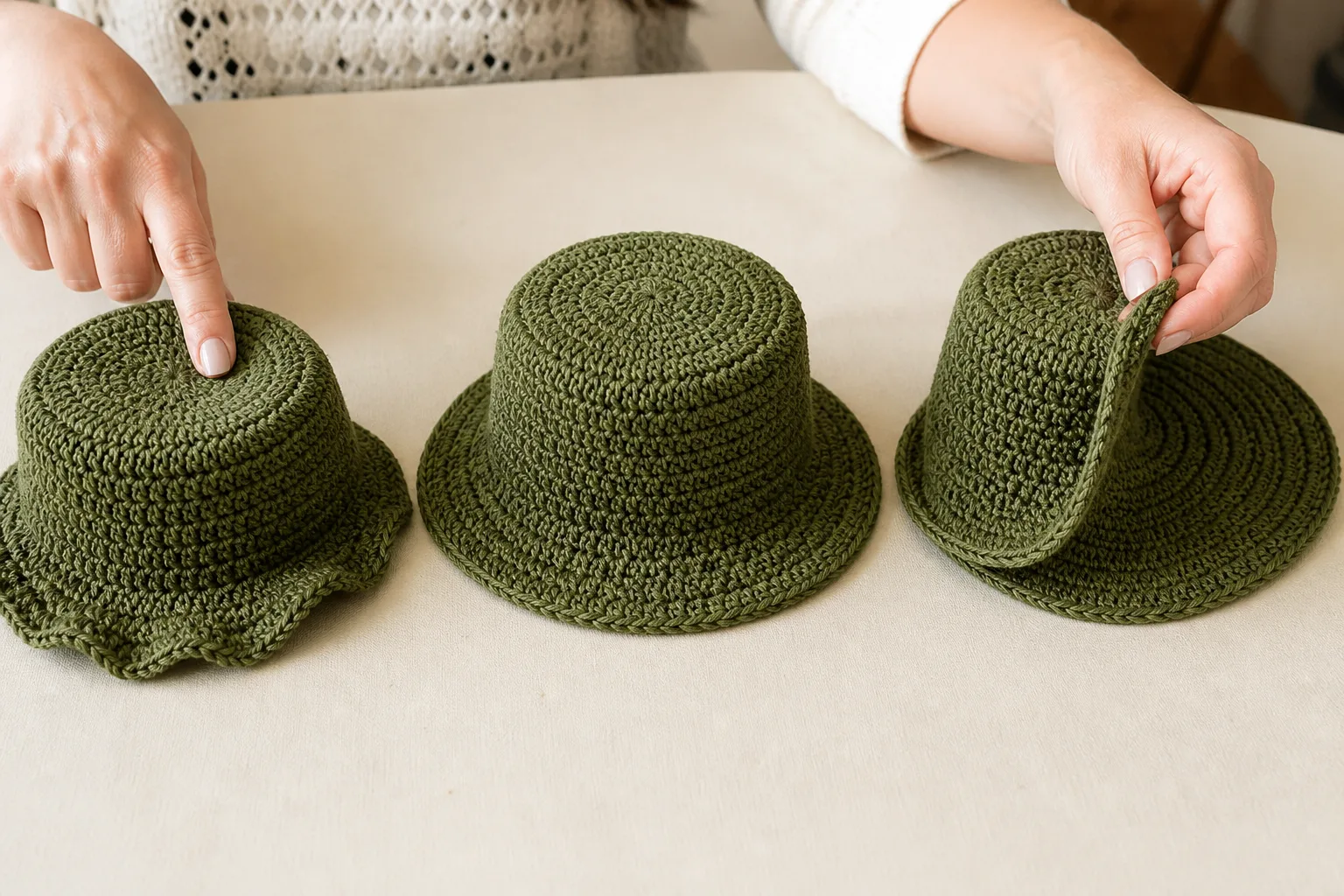 Three olive crochet hats compare a ruffled brim, a smooth flat brim, and a cupped tight brim