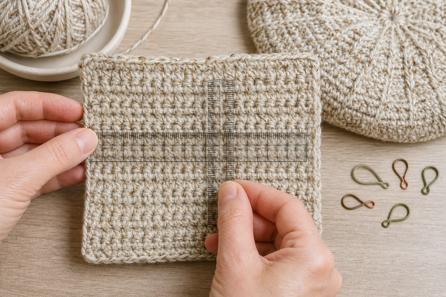 Hands measure horizontal stitch gauge and vertical row gauge inside a washed oatmeal tweed crochet swatch