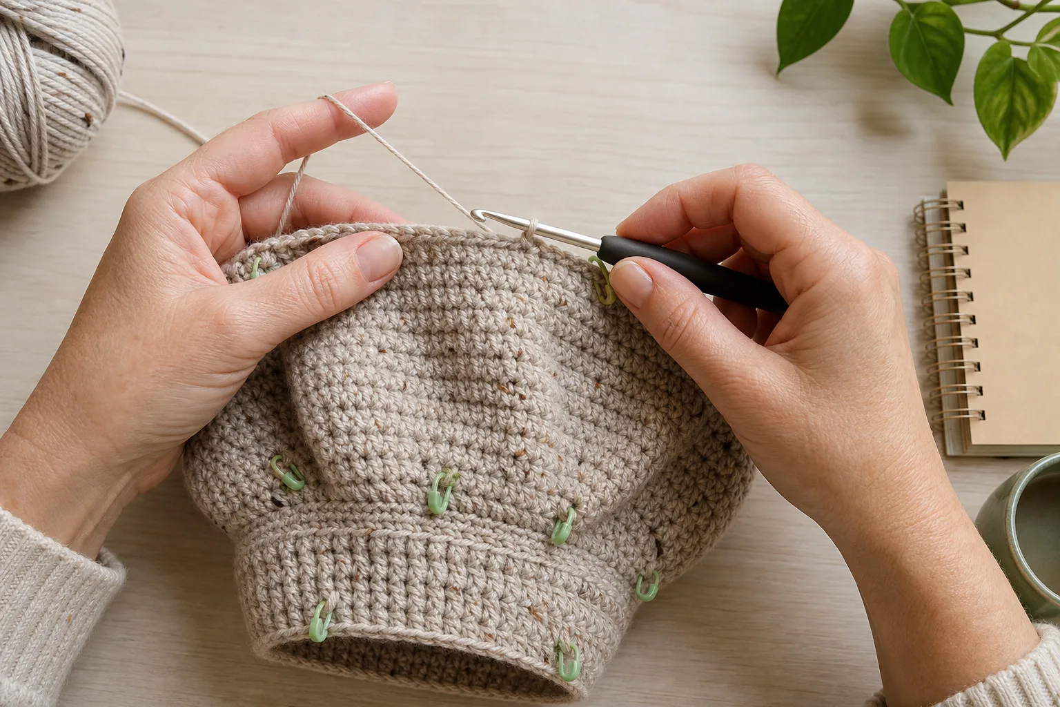 Hands work evenly distributed decreases between markers as a fuller crochet cap body narrows into a fitted band
