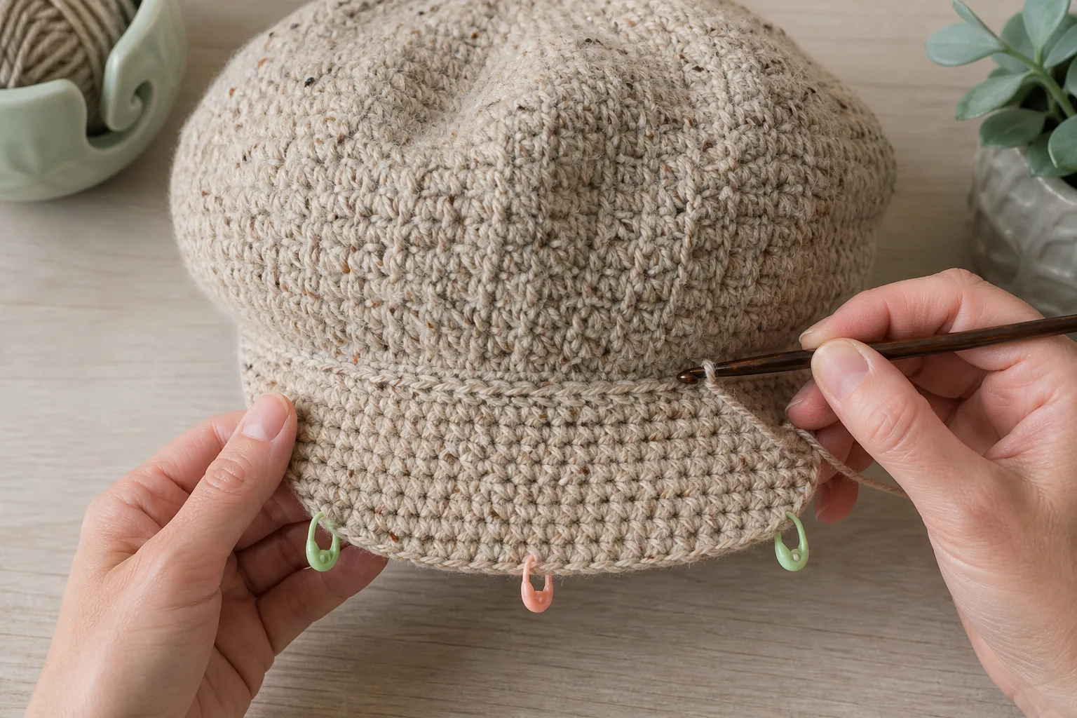 Hands crochet a centered symmetrically tapered visor onto the front band of an oatmeal tweed newsboy cap