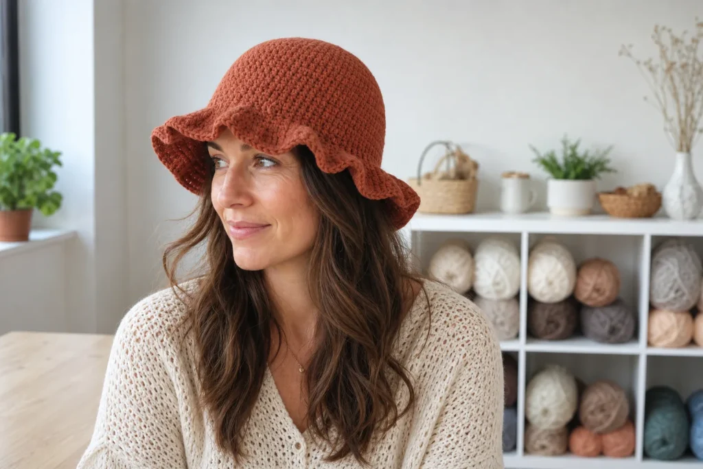 A woman wearing a terracotta crochet ruffle hat with controlled fullness.
