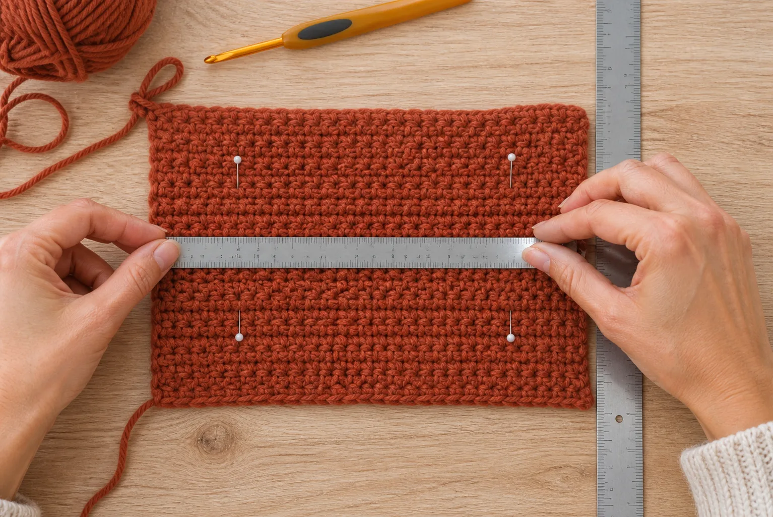 Hands measure a washed terracotta crochet swatch