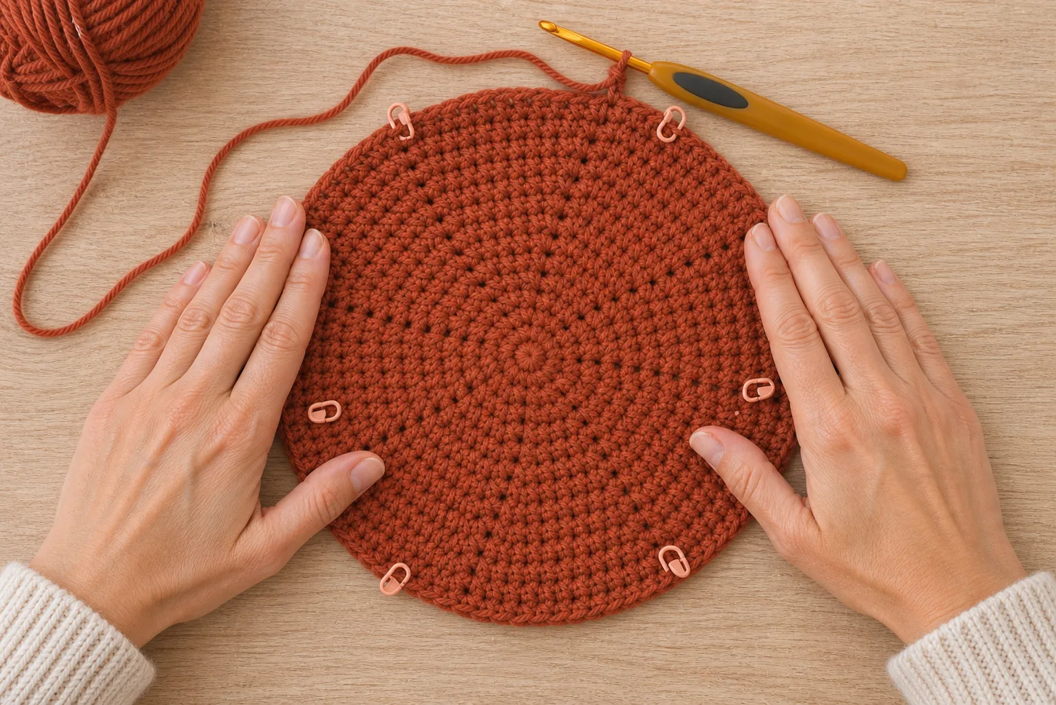 Hands flatten a terracotta crochet crown divided with stitch markers