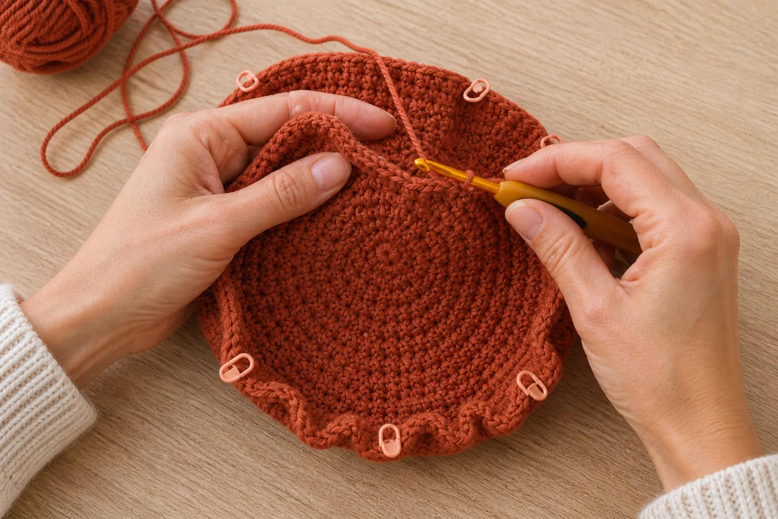 Hands crochet a staged ruffle increase round on the hat edge