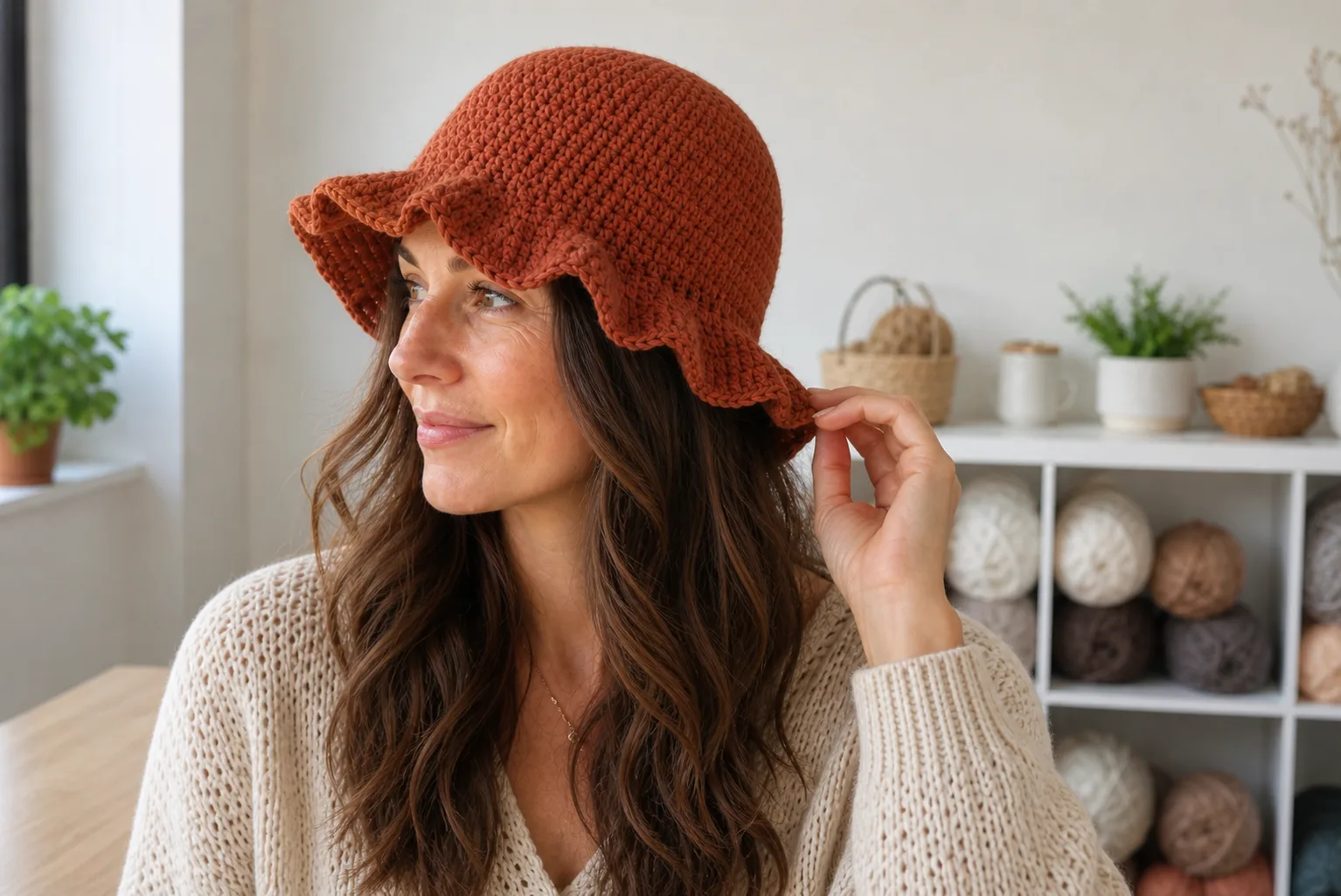 A side view of a finished terracotta crochet ruffle hat shows controlled drop