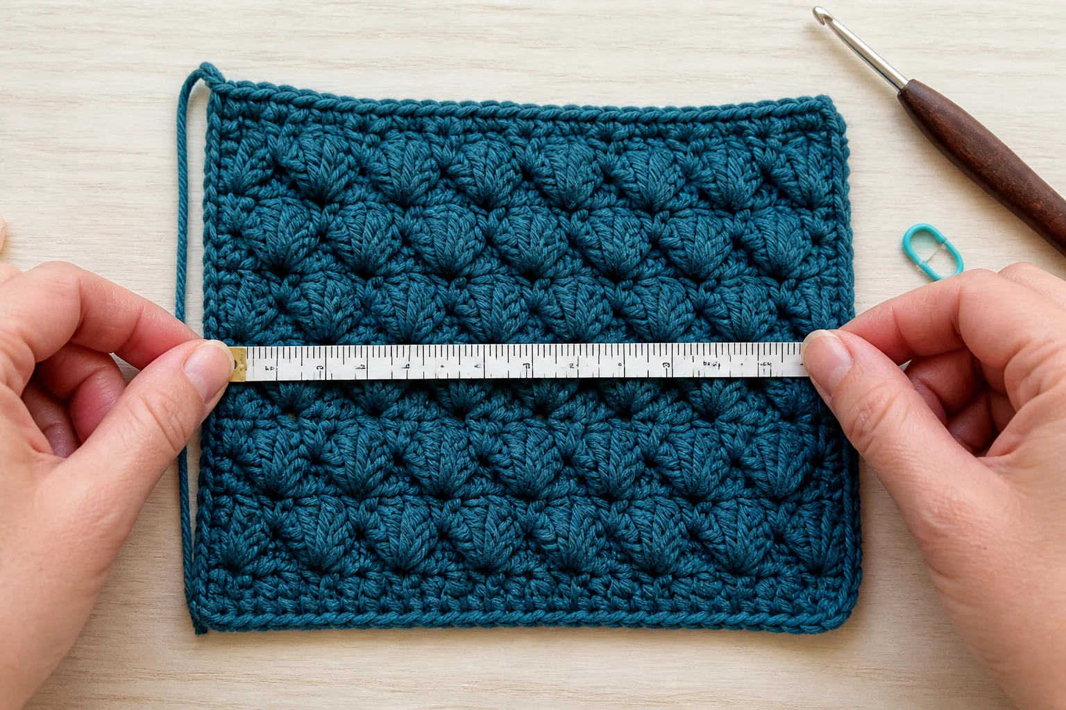Hands measure deep teal puff modules across the center of a washed crochet swatch