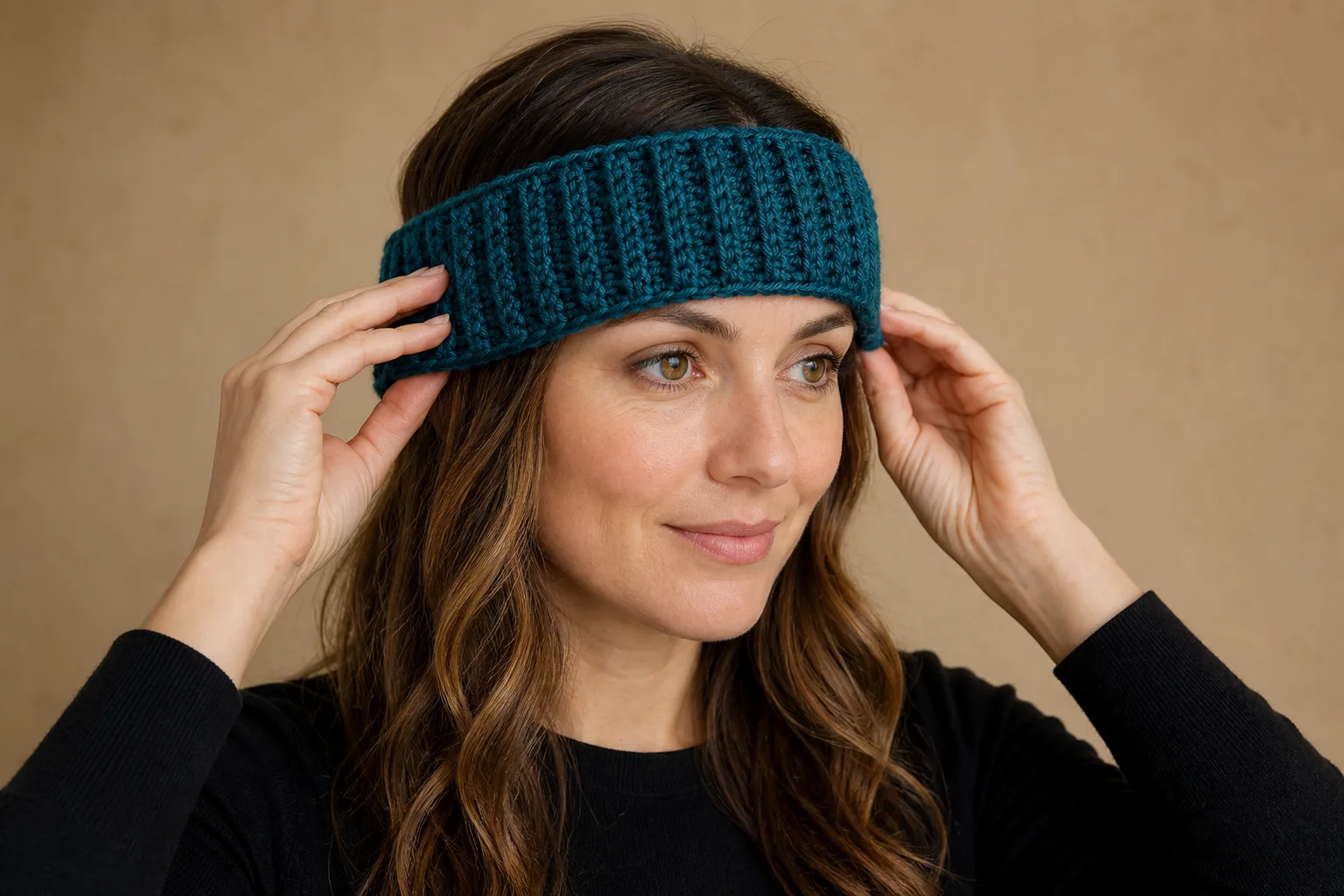 A woman checks a joined deep teal crochet ribbed band at the forehead and ears