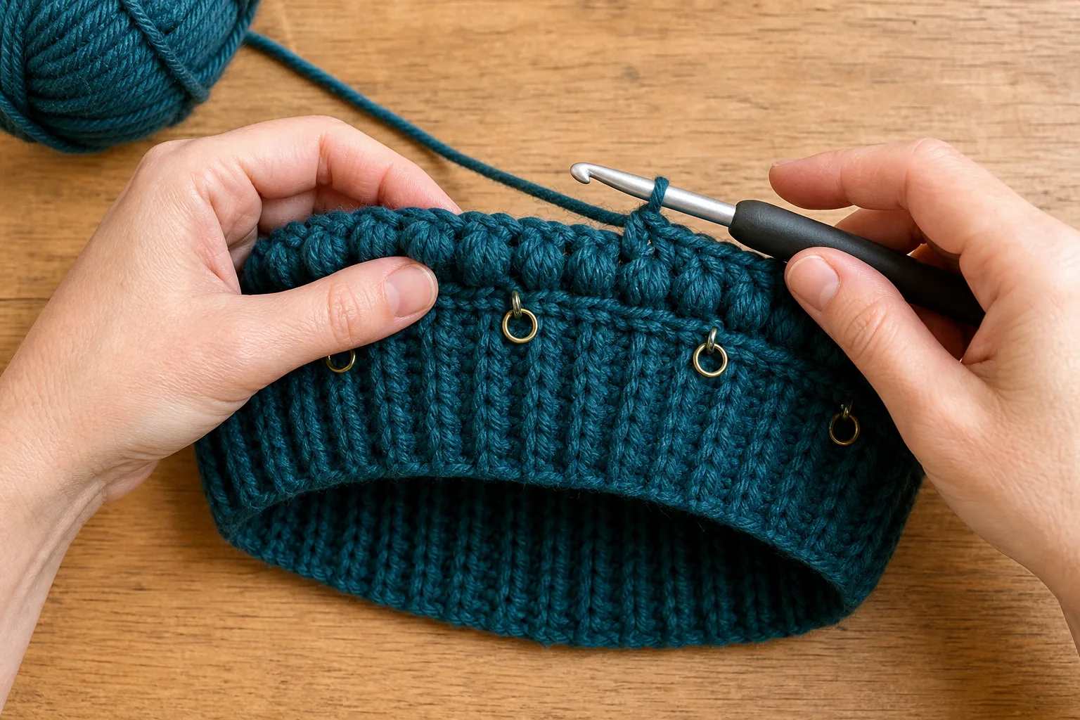 Hands work the first puff round above a deep teal ribbed band divided with four markers