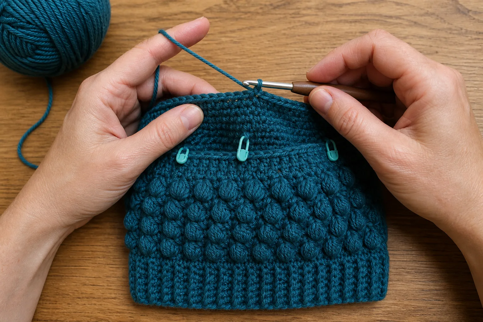 Hands work a smooth marked half-double-crochet crown above a deep teal puff body