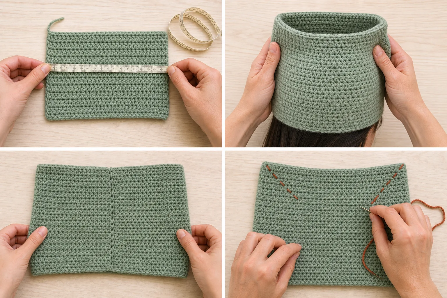 Four-panel illustration showing a sage crochet swatch beside a tape, open tube, centered flat top and temporary ear lines