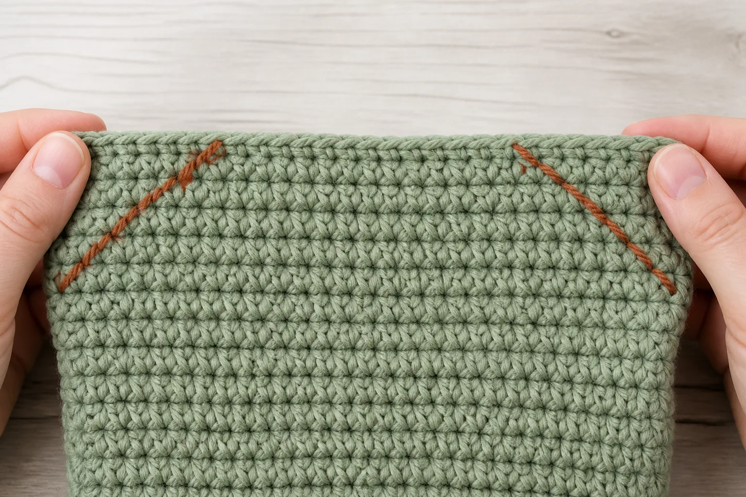 Two equal rust-colored diagonal basting lines mark the inside top corners of a sage crochet tube