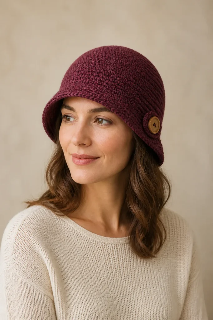 Adult wearer in a burgundy crochet cloche with a short bell-shaped lower edge and side button tab.