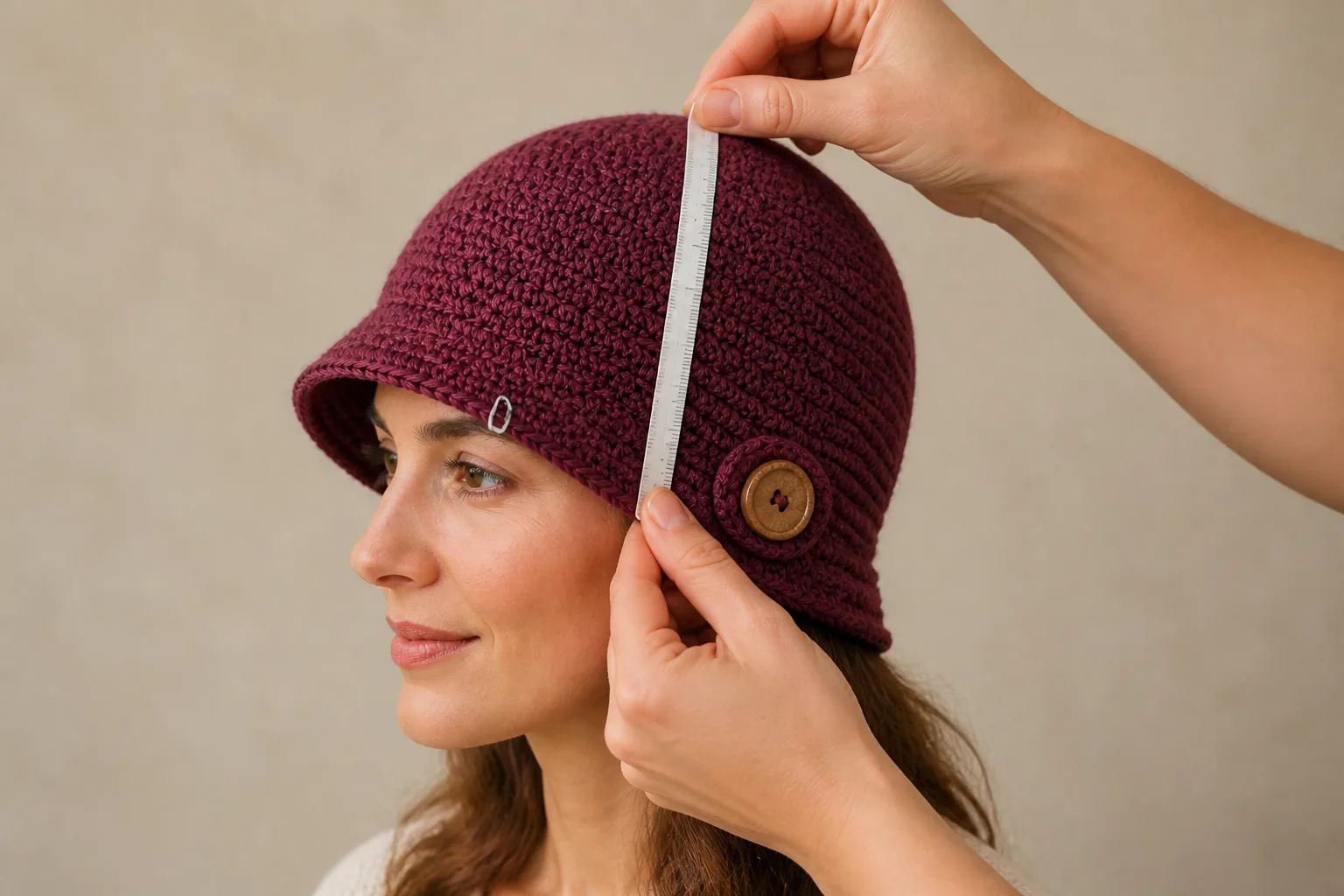 A flexible tape measures from the cloche crown to a removable marker near the eyebrow at the lower-shell transition