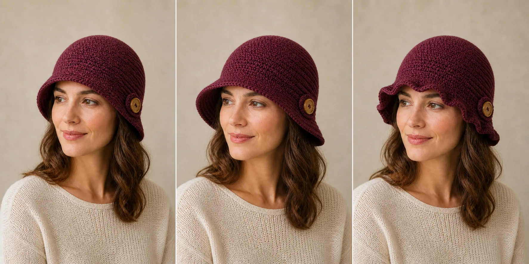 Three views compare a correct low bell line, an early transition and excessive lower-edge gain on a burgundy crochet cloche