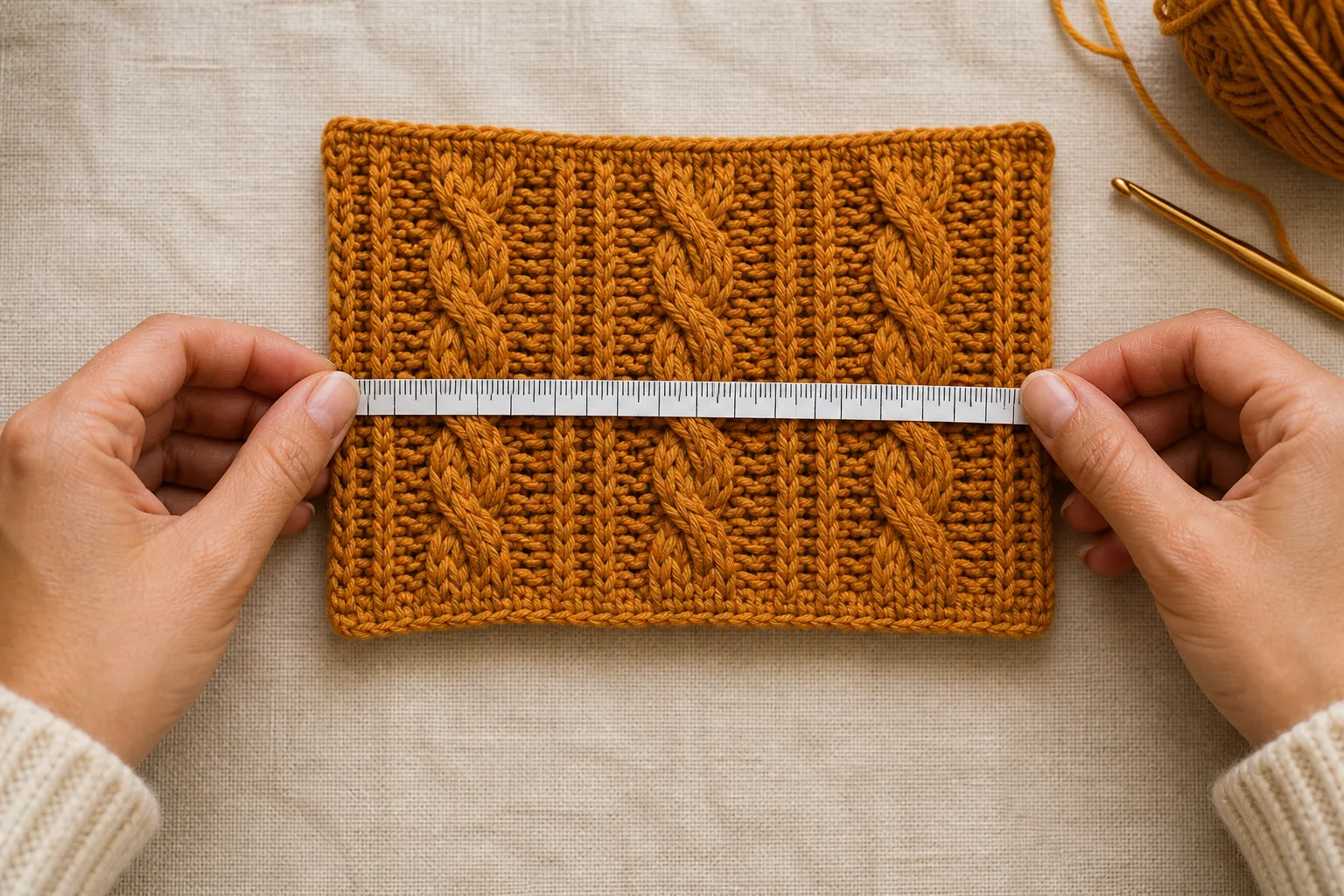 A measuring tape spans three complete washed ochre cable repeats to calculate average panel width