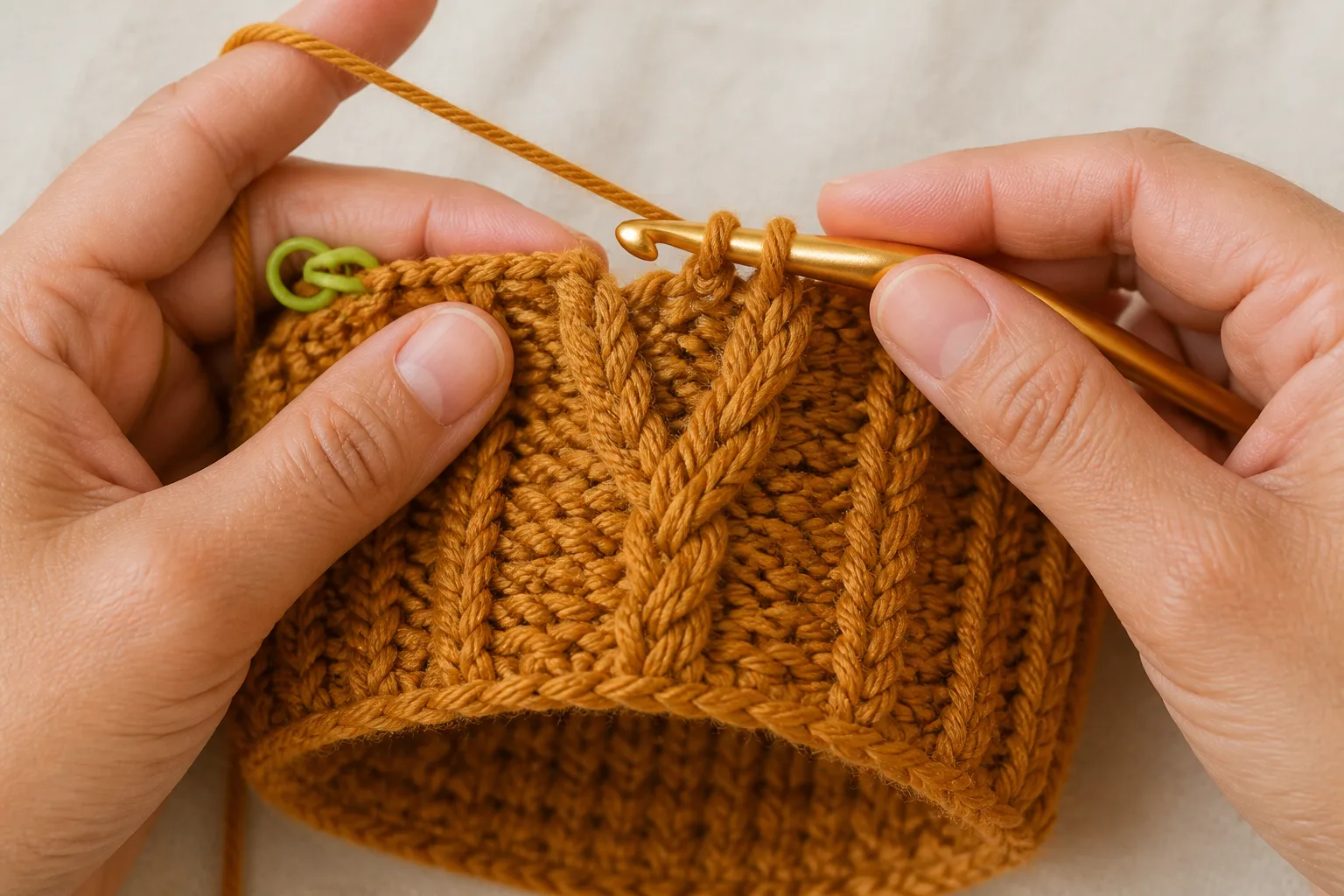 Hands form an ochre front-post cable crossing with a gold hook beside a green repeat marker