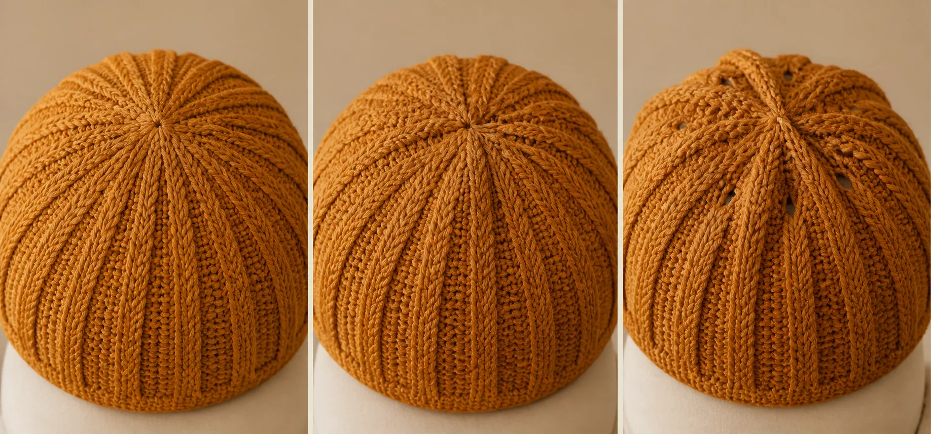 Three crown views compare a smooth cable transfer, early decreases that interrupt the strands and overtight crossings with holes