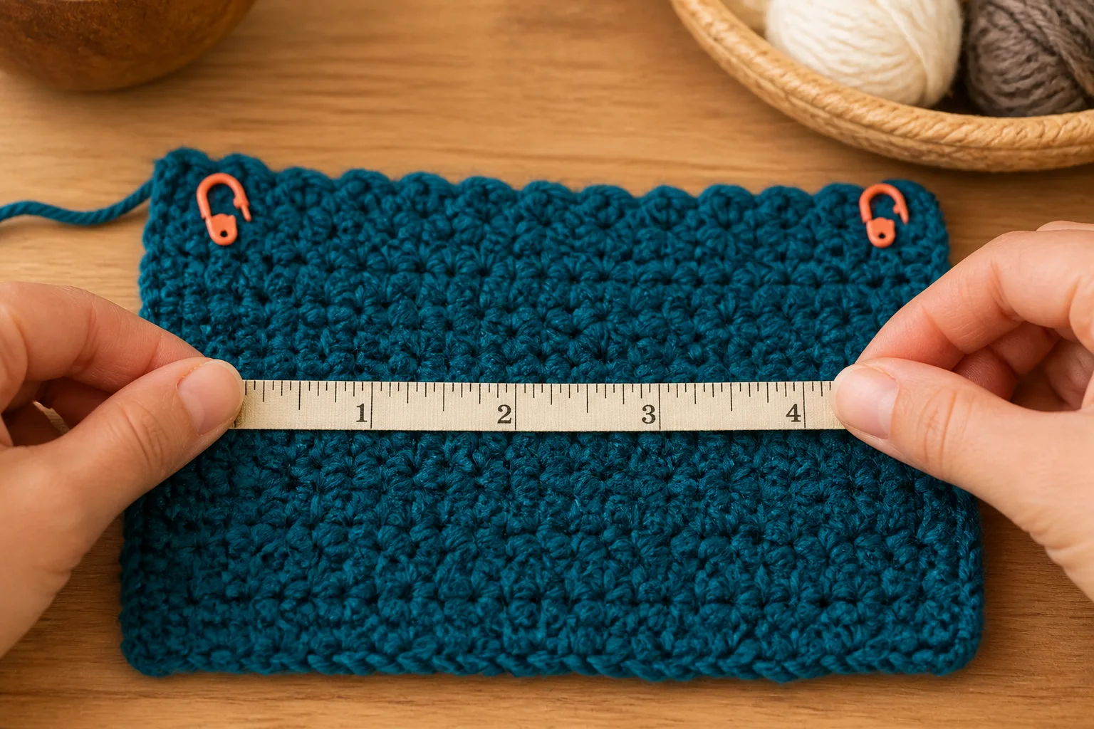A tape measures several complete moss-stitch pairs across a washed deep-teal swatch between orange markers